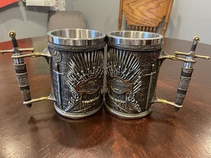 Rare PAIR of Game Of Thrones Tankards With Remove Stainless Steel Inserts
