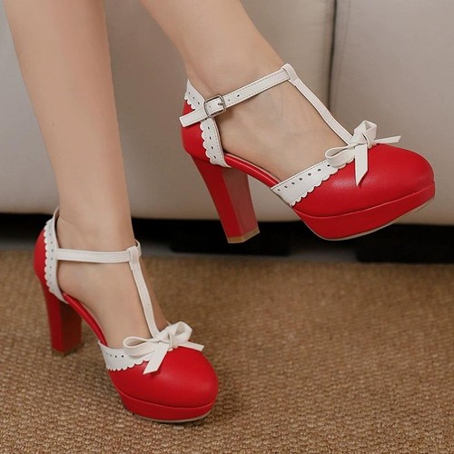 Sandalias con moño y correa en T para mujer Vestido Fiesta Tacón bloque Imitación Cuero Zapatos de salón - Imagen 1 de 16