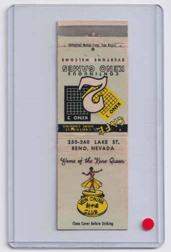NEW CHINA CLUB - 1950 gaming matchcover - Reno, Nevada - "Keno Queen"
