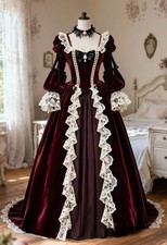 Medieval Vintage Victorian Evening Dress Burgundy Lace Applique Velvet Ball Gown