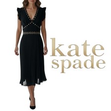 Kate Spade New York Pleated Stud Crepe Dress Black Midi Size 10 NWT