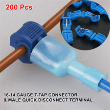  200 T-Taps  Male Disconnect Wire Connectors Blue 16-14 AWG Gauge Terminals US