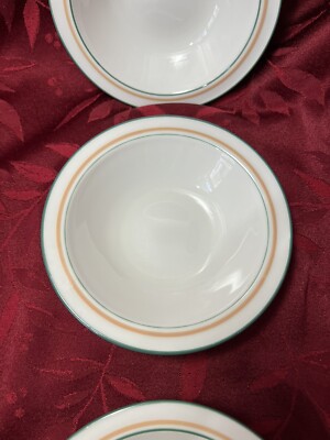 8 VTG Corning Dinner Ware 6” Bowls WHITE w/Green/ Orange Stripes