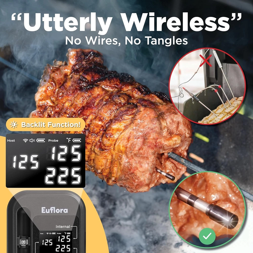 Wireless Meat Thermometer with Digital Meat Probe, Measures Internal & Ambient T