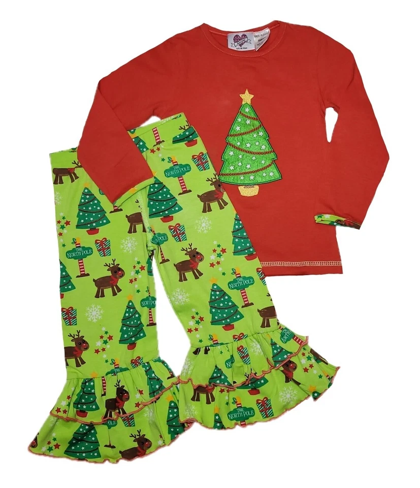 Túnica y pantalones acampanados con volantes de reno árbol de Navidad rojo y verde de 18-24 meses Foto 2 de 4