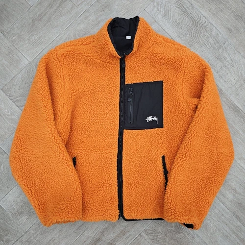 Stussy S 8 Ball Reversible Fleece Jacket Men's Orange Black Full Zip Graphic