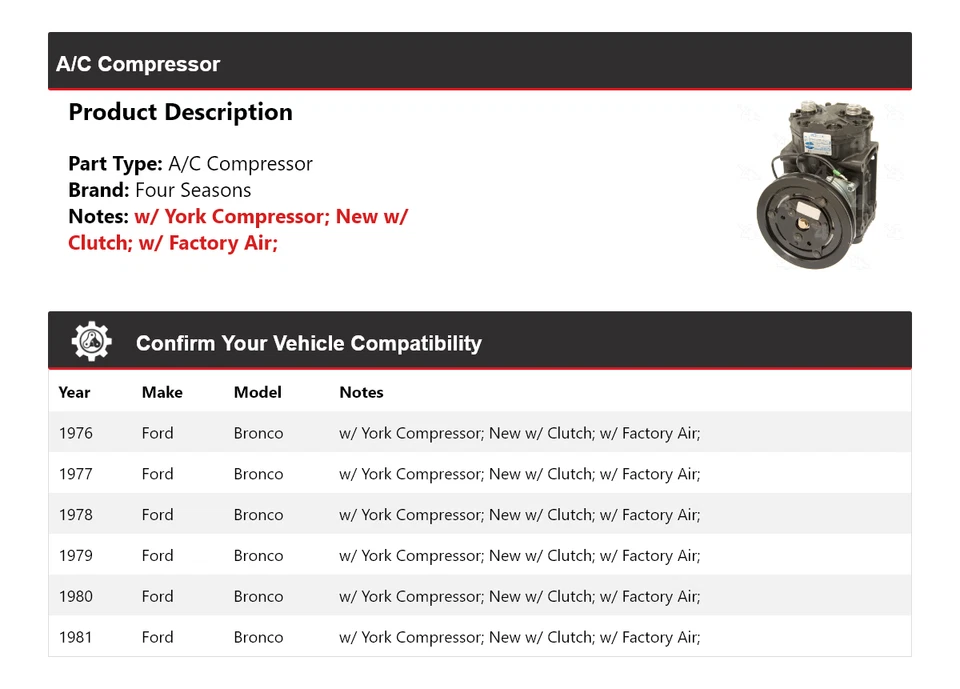 For 1976-1981 Ford Bronco A/C Compressor 4 Seasons 1977 1978 1979 1980 - Image 2 of 4