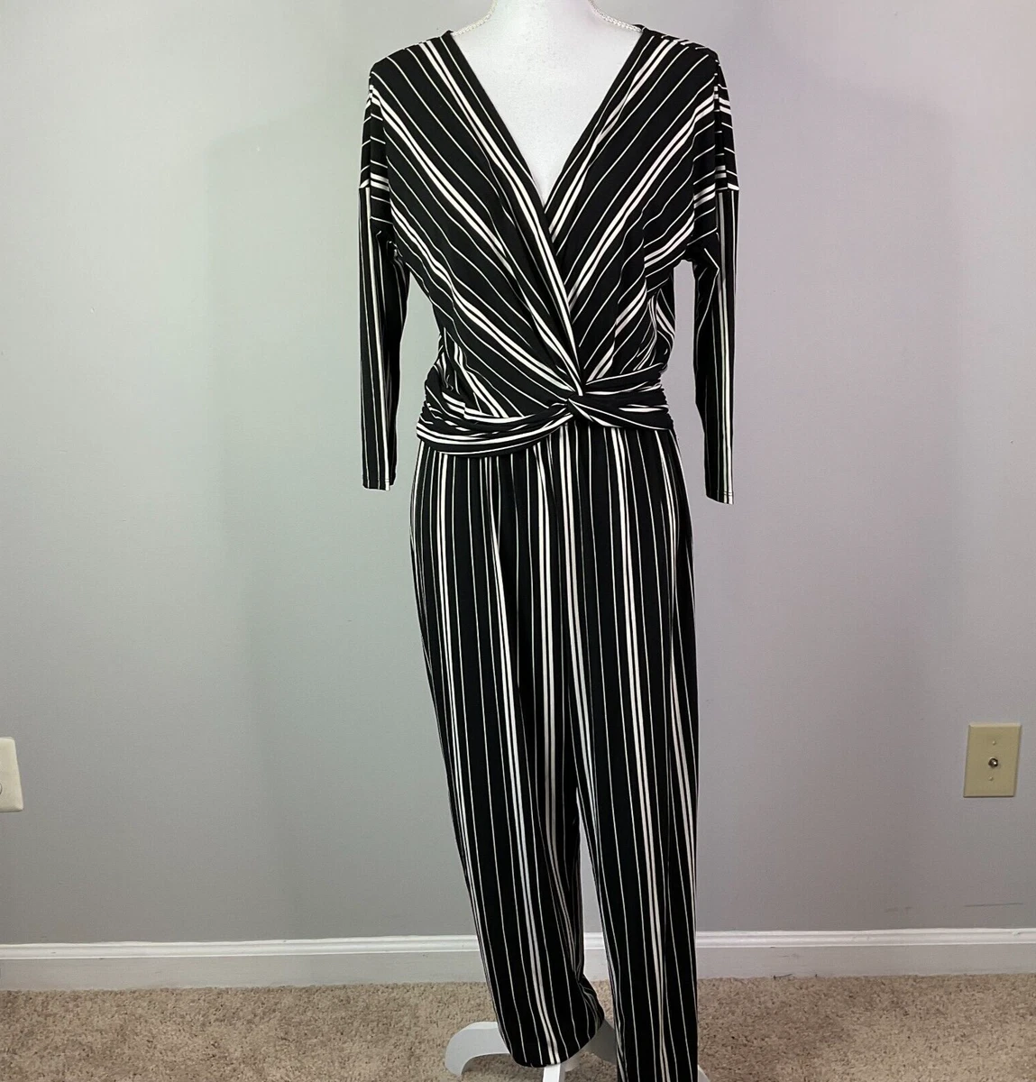 Express Womens Jumpsuit Medium Striped Black White Surplice Twist Front V Neck