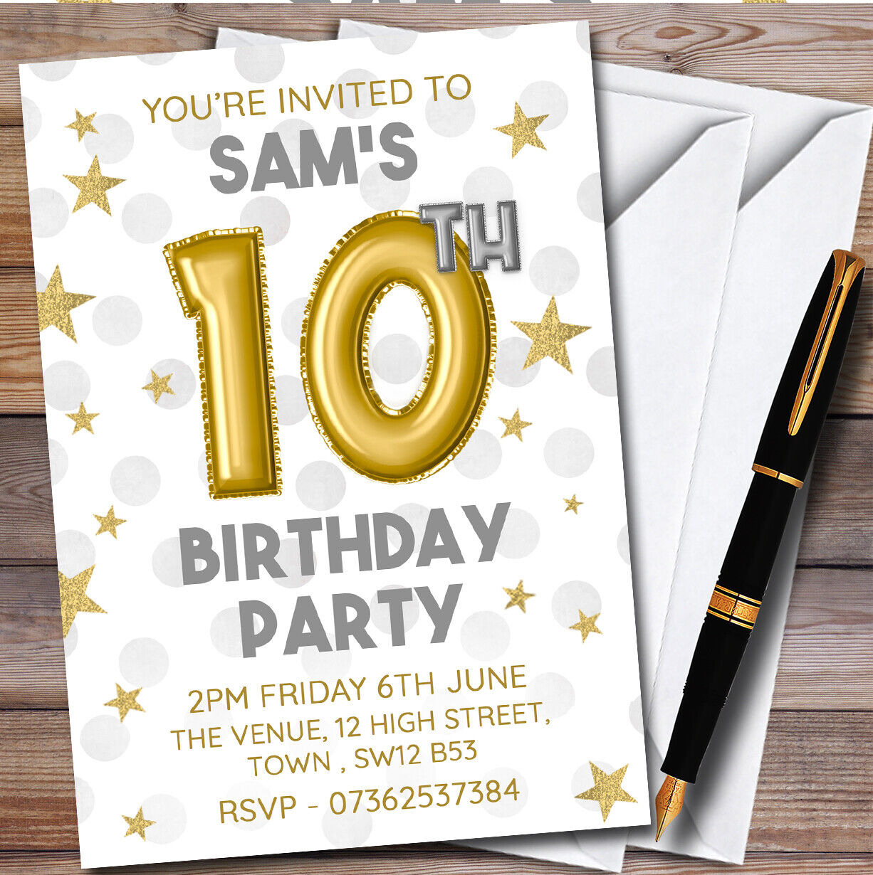 Gold Balloons & Stars 10th Personalised Birthday Party Invitations Niska cena obfita