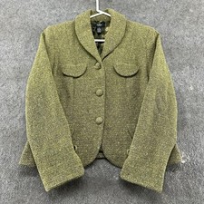 VINTAGE Alfani Jacket Womens 12P Green Boiled Wool Blazer Crop Pleated 2000s Y2K