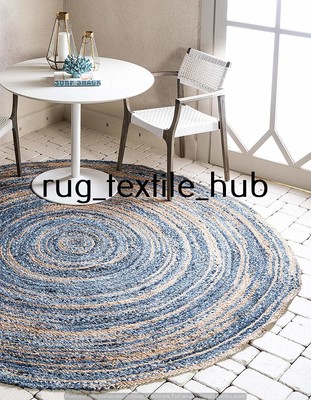 Round Rugs Vintage Rag Rug Jute Cotton Bohemian Area Dhurrie Boho Mat 6 Feet Round Rugs Vintage Rag Rug Jute, Blue Round Rugs 6 Feet