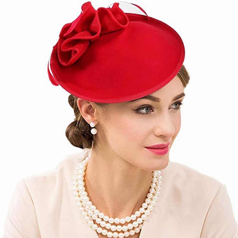 Red Wedding Wool Felt Pillbox Fascinators Hats Flower Derby  display picture 1