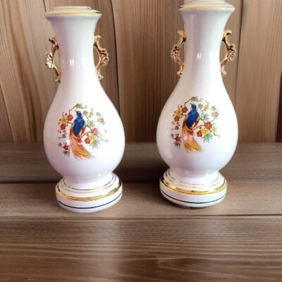 Vintage Gold Rim Peacock Floral Decor / Design Vases 10'' H, Base 3.5 in Wide.