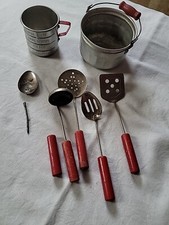 Vintage Set of 11 Kids Small Metal Toy Cooking Utensils Red Handles