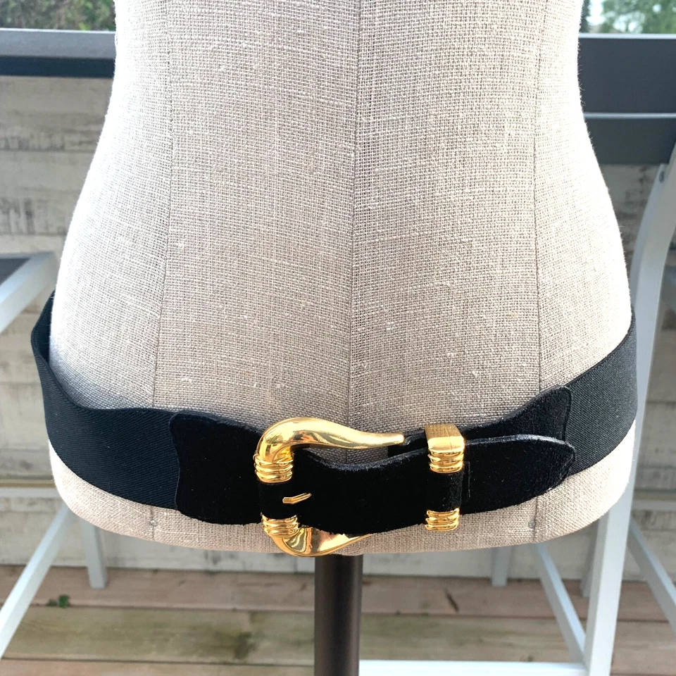 Vintage 80s Wide Belt XL Black Suede Elastic Gold Glam Buckle Stretch Retro 90s - Image 2 of 4