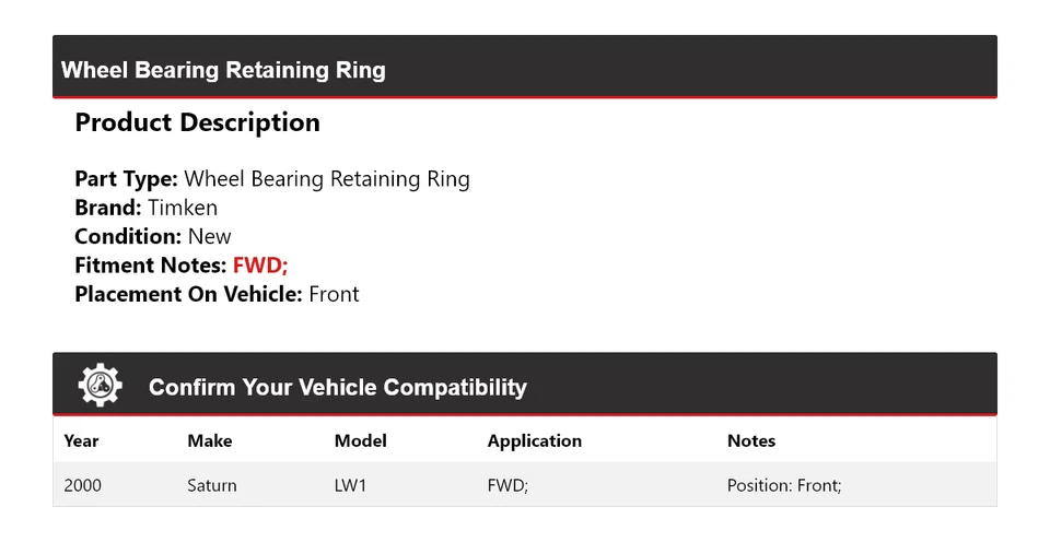 Anillo de retención delantero Timken para Saturn LW1 2000 tracción delantera Foto 2 de 4