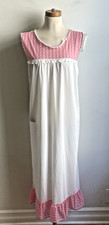 Vintage 70s Nightgown Long White Pink Check Lace Ruffle Nylon USA Slip Large