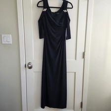 R&M Richards Black Formal Gown Rhinestone Straps Draped Evening Dress Size 8
