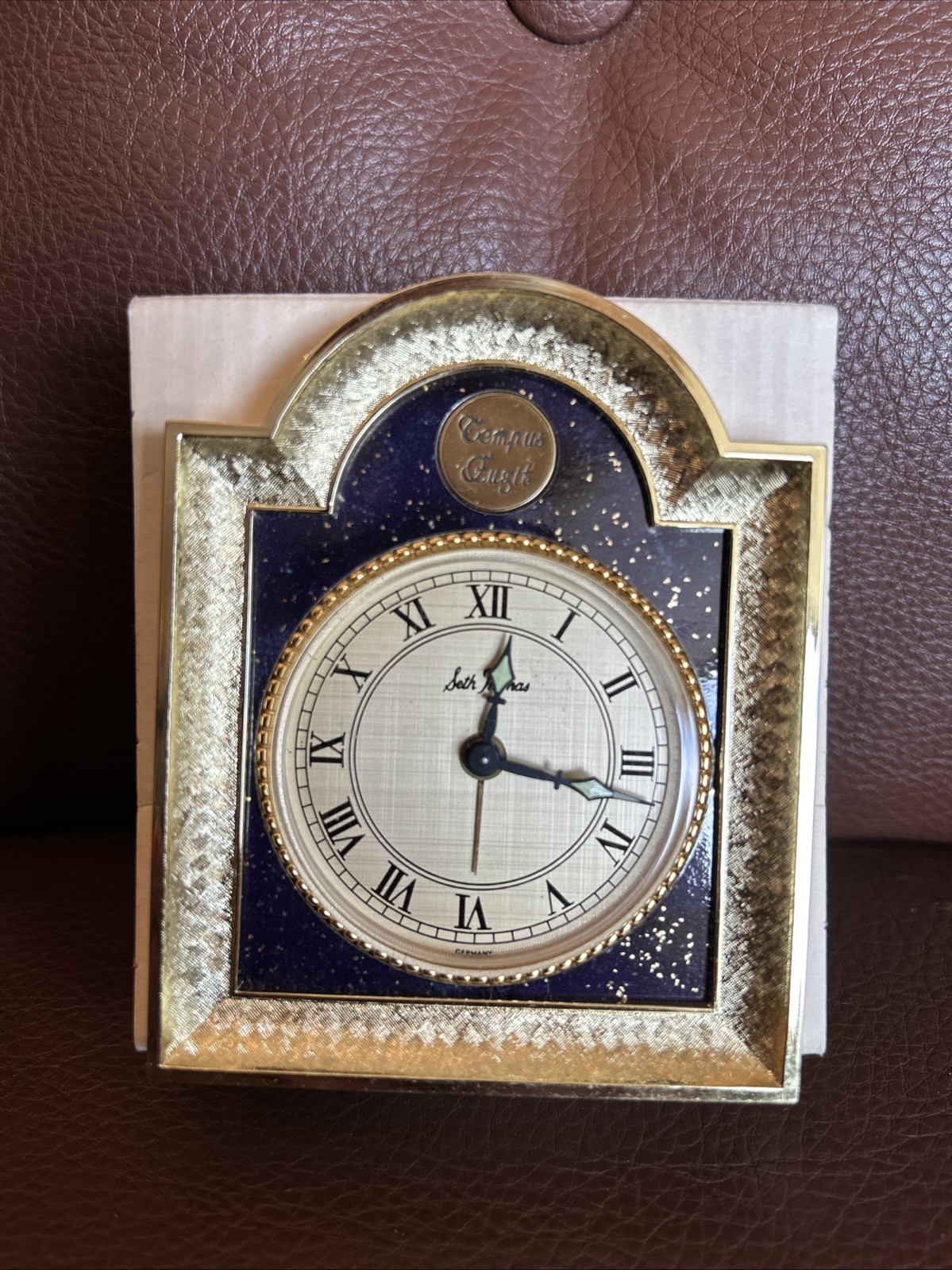 Vintage Seth Thomas #746 Tempus Fugit Boudoir/Table Alarm Clock Blue Lapis w box