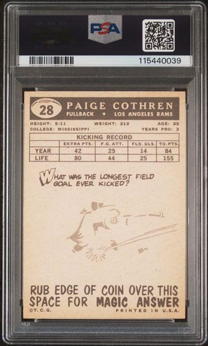 1959 Topps Football Card PAIGE COTHREN #28 Los Angeles Rams PSA 8 - Picture 2 of 2