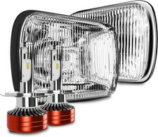 H6054 7X6" Glass Square Light Housing Pair, for H4/9003 LED Fog Lights w/Bulbs