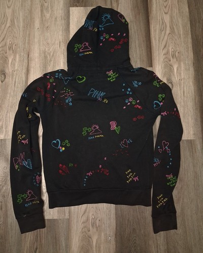 Felpa con cappuccio e pantaloncino ROSA Victorias Secret Medium nero ricamato graffiti full zip - Foto 4 di 8