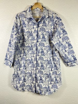 Forget Me Not Sz XS Sleep Shirt Button Front Blue & White Pagoda Trees