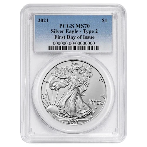 2021 $1 Type 2 American Silver Eagle PCGS MS70 FDOI Blue Label