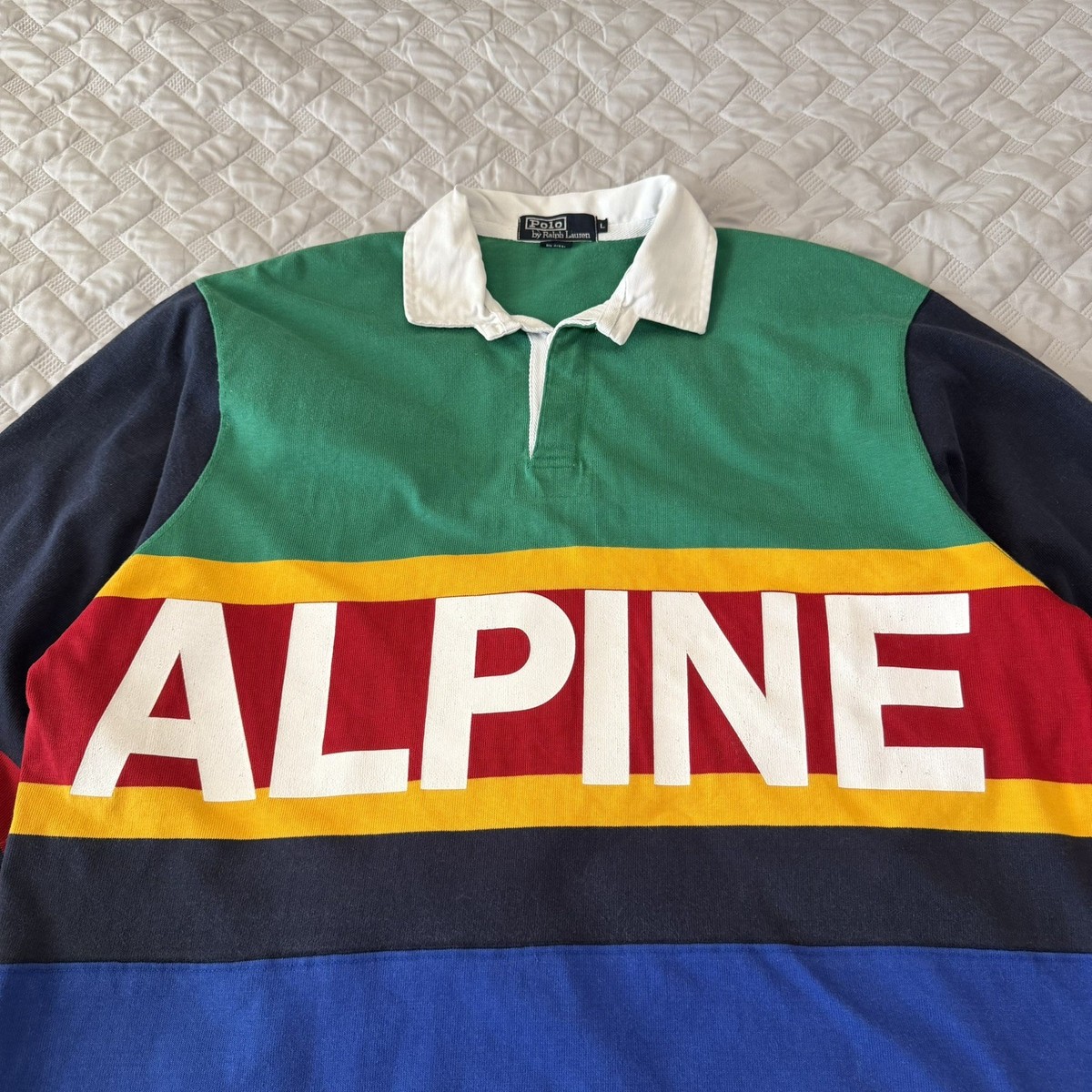 VINTAGE LARGE POLO RALPH ALPINE RUGBY HI TECH 1992 STADIUM CREST P