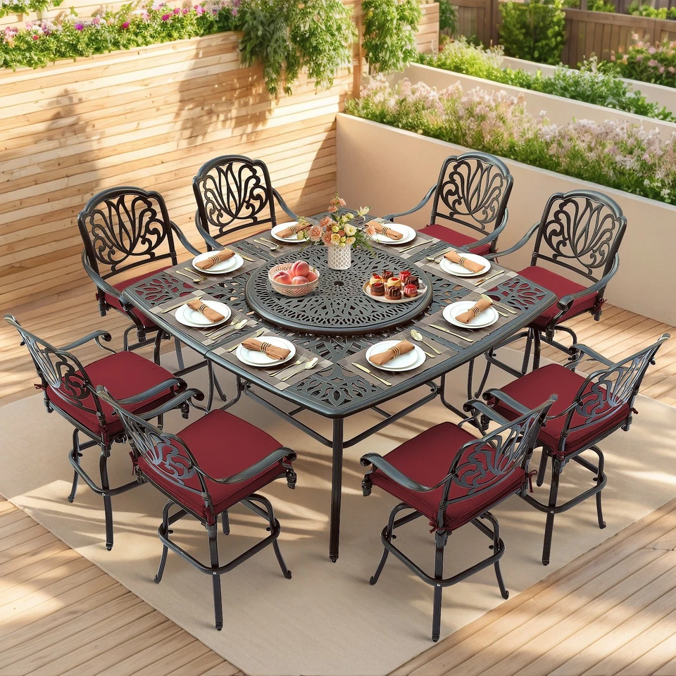 Juego de 10 piezas de taburetes de bar y mesa de comedor giratorios grandes para exteriores con Lazy Susan Foto 4 de 4