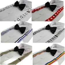 Pack:Suspenders Black Bow Tie Pattern Coloured Print Braces Adjustable Clip On