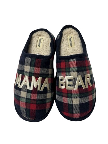 Dearfoams Womens Green Red Blue Plaid Sherpa Mama Bear Holiday Slippers