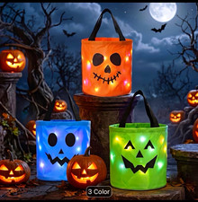 Halloween Light-Up Jack-o'-Lantern Face Party Treat Bags w/ Handles, 3pcs