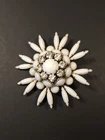 VINTAGE Sunburst Style Gold Tone White Milk Glass Clear Stone Flower Brooch 2.5"