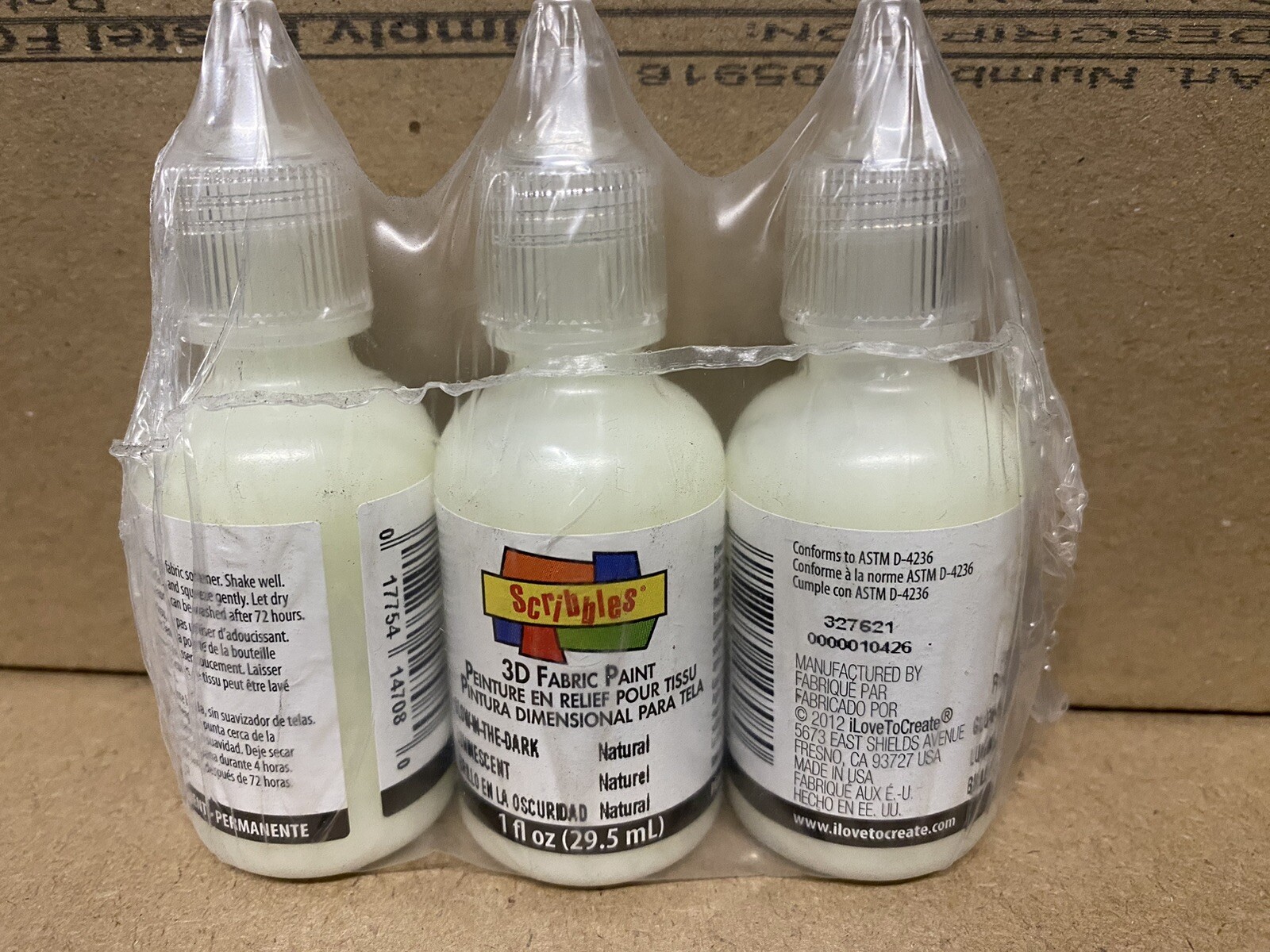 Scribbles 3D Fabric Paint Glow In The Dark  29.5ml X 3 Bottles