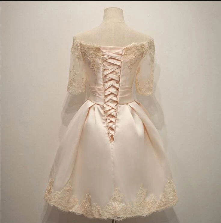 Vintage Short Wedding Dresses Knee Length Lace Satin Champagne Bridal Gowns - Image 3 of 4