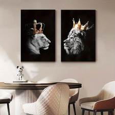 2 Pieces Unframed Lion Couple Painting Canvas Wall Art Bedroom Home Decor