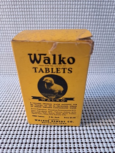 Vtg Walko Tablets for Baby Chicks Birds. Walker Remedy Co Empty Box Medicine Ad