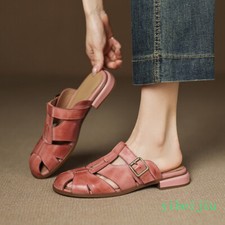 Women's Real Leather Slippers Flat Roman Mules Slides Sandals Vintage Hollow Out