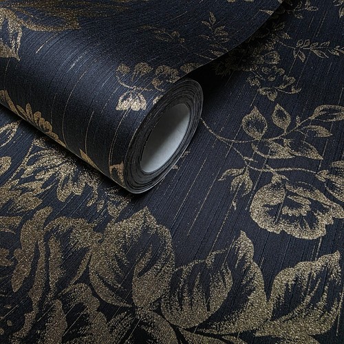 Silk textile fabric Wallpaper black gold metallic glam roses and peonies blossom - Picture 14 of 19