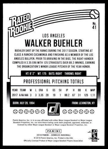 2018 Donruss / Walker Buehler Rookie Los Angeles Dodgers #41 - Picture 2 of 2