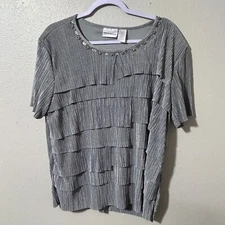 Alfred Dunner Womens Top L Gray Tiered Pleated Beaded Short Sleeve Blouse Lined