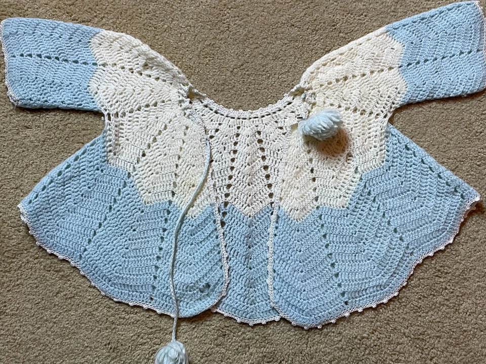 Cárdigan Suéter Infantil Tejido a Mano Bebé Años 30 40 De Colección Kimono Azul Blanco Foto 2 de 4