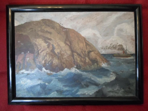 Small, antique, MARITIME OIL PAINTING "STEAMSHIP OFF ROCK ISLAND" sign