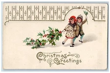 Christmas Postcard Greetings Children Holly Berries Gel Gold Gilt c1910's Posted