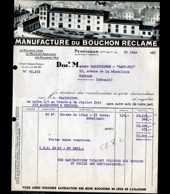 PERPIGNAN (66) KORKENFABRIK aus Kork ''WERBEKORKEN'' Rechnung 1953