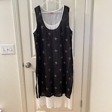 Yaza Double Gauze Layered Dress Lagenlook Black White Gold Women's Size L/XL