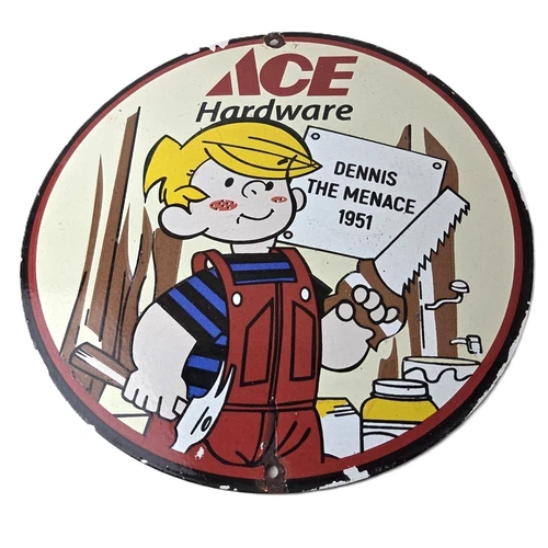 Vintage Ace Hardware Sign - Dennis the Menace Gas Pump Porcelain Sign