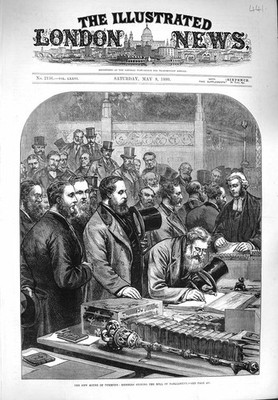 Original Old Antique Print 1880 House Commons Members Signing Roll Parliament