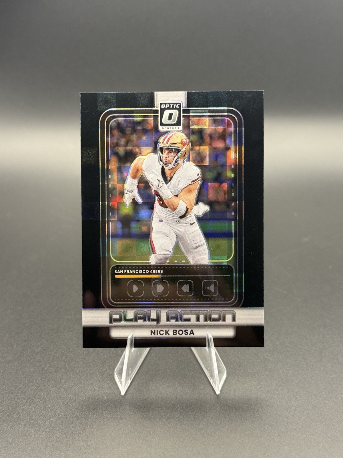 2025 Panini Donruss Optic - Play Action Nick Bosa #12 Black Pandora Prizm /149